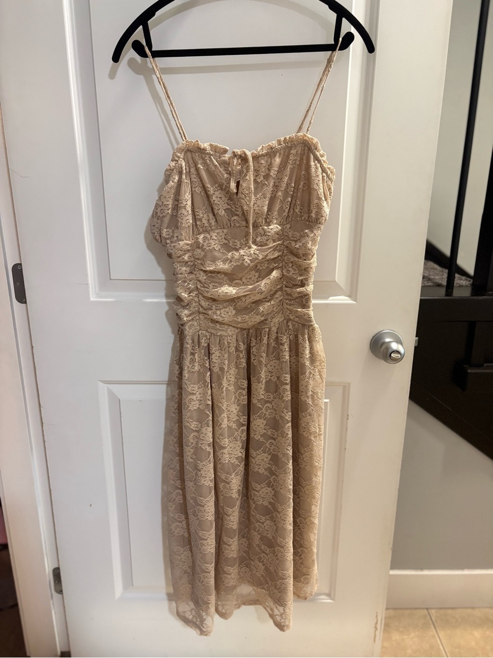 NWT Beige Floral Lace Ruched Cottagecore Coquette Mini Dress M